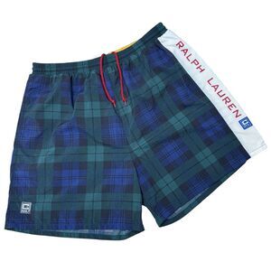 Ralph Lauren Chaps Y2K Swim Trunks Mens Large Green Blue Plaid Mesh Spellout